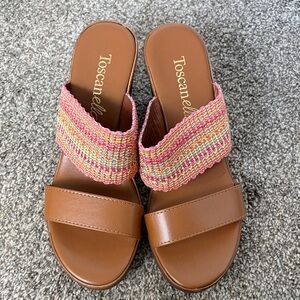 Brown Slide Sandals with Pink Multicolor Woven Strap